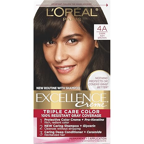 L’Oreal Paris Excellence Creme Permanent Triple Care Hair Color, 4A Dark Ash Brown, Gray Coverage For Up to 8 Weeks, All Hair Types, Pack of 1