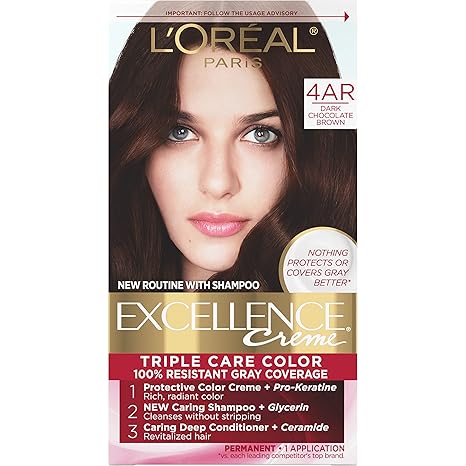 L’Oreal Paris Excellence Creme Permanent Triple Care Hair Color, 4AR Dark Chocolate Brown, Gray Coverage For Up to 8 Weeks, All Hair Types, Pack of 1