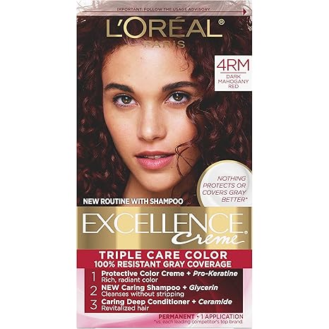 L’Oreal Paris Excellence Creme Permanent Triple Care Hair Color, 4RM Dark Mahogany Red, Gray Coverage For Up to 8 Weeks, All Hair Types, Pack of 1