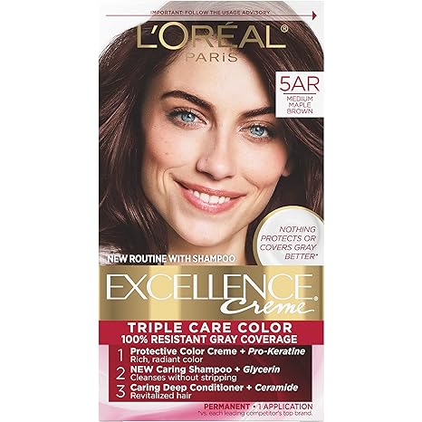 L’Oreal Paris Excellence Creme Permanent Triple Care Hair Color, 5AR Medium Maple Brown, Gray Coverage For Up to 8 Weeks, All Hair Types, Pack of 1