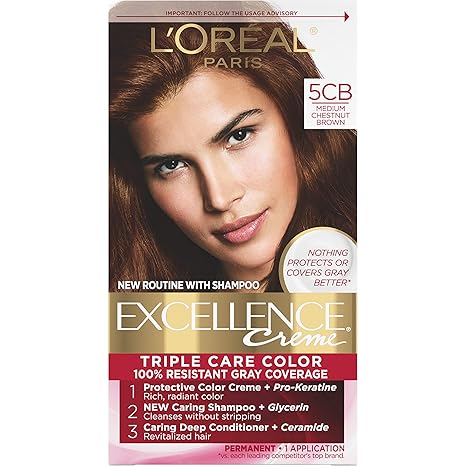 L’Oreal Paris Excellence Creme Permanent Triple Care Hair Color, 5CB Medium Chestnut Brown, Gray Coverage For Up to 8 Weeks, All Hair Types, Pack of 1