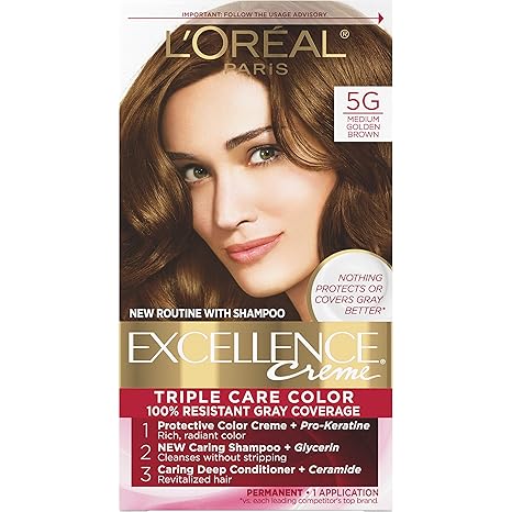 L’Oreal Paris Excellence Creme Permanent Triple Care Hair Color, 5G Medium Golden Brown, Gray Coverage For Up to 8 Weeks, All Hair Types, Pack of 1