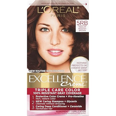 L’Oreal Paris Excellence Creme Permanent Triple Care Hair Color, 5RB Medium Reddish Brown, Gray Coverage For Up to 8 Weeks, All Hair Types, Pack of 1