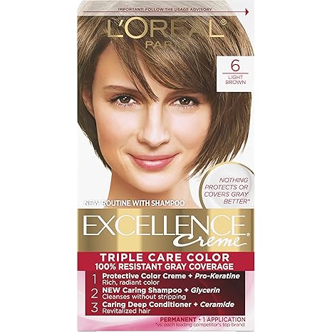 L’Oreal Paris Excellence Creme Permanent Triple Care Hair Color, 6 Light Brown Hair Dye Kit, Gray Coverage For Up to 8 Weeks, All Hair Types, Pack of 1