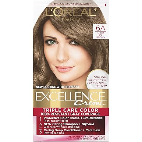 L’Oreal Paris Excellence Creme Permanent Triple Care Hair Color, 6A Light Ash Brown, Gray Coverage For Up to 8 Weeks, All Hair Types, Pack of 1