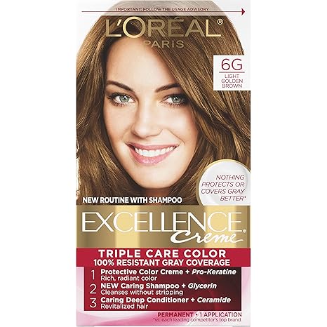 L’Oreal Paris Excellence Creme Permanent Triple Care Hair Color, 6G Light Golden Brown, Gray Coverage For Up to 8 Weeks, All Hair Types, Pack of 1
