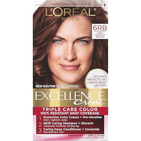 L’Oreal Paris Excellence Creme Permanent Triple Care Hair Color, 6RB Light Reddish Brown, Gray Coverage For Up to 8 Weeks, All Hair Types, Pack of 1