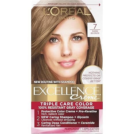 L’Oreal Paris Excellence Creme Permanent Triple Care Hair Color, 7 Dark Blonde, Gray Coverage For Up to 8 Weeks, All Hair Types, Pack of 1