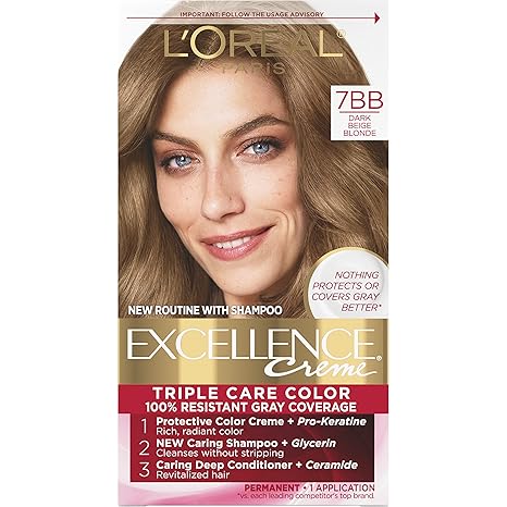 L’Oreal Paris Excellence Creme Permanent Triple Care Hair Color, 7BB Dark Beige Blonde, Gray Coverage For Up to 8 Weeks, All Hair Types, Pack of 1