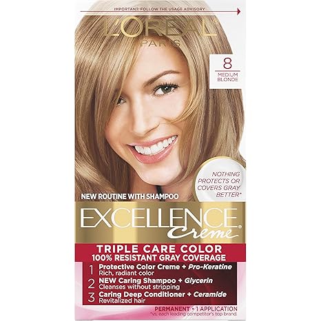 L’Oreal Paris Excellence Creme Permanent Triple Care Hair Color, 8 Medium Blonde, Gray Coverage For Up to 8 Weeks, All Hair Types, Pack of 1