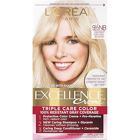 L’Oreal Paris Excellence Creme Permanent Triple Care Hair Color, 9.5NB Lightest Natural Blonde, Gray Coverage For Up to 8 Weeks, All Hair Types, Pack of 1