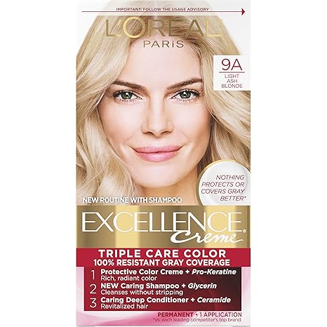 L’Oreal Paris Excellence Creme Permanent Triple Care Hair Color, 9A Light Ash Blonde, Gray Coverage For Up to 8 Weeks, All Hair Types, Pack of 1
