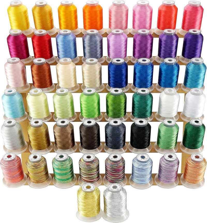 New brothread 50 Spools Embroidery Machine Thread Kit Including 40 Brother Colors+8 Variegated Colors+2 Metallic Colors for Brother Janome Singer Pfaff Husqvarna Embroidery Sewing Machines