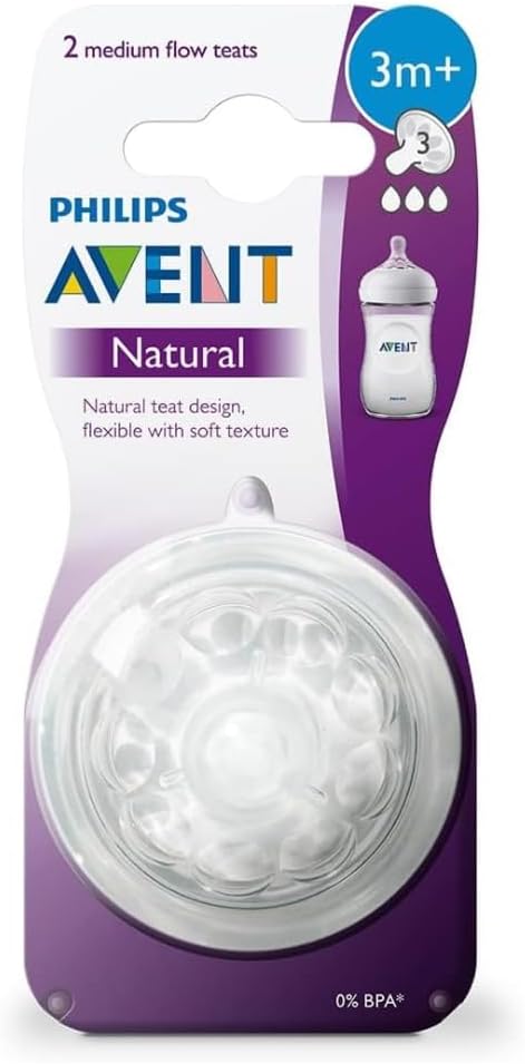 Philips Avent Natural Teat, 3 Months+, Medium Flow, Anti-Colic, Pack of 2 - SCF043/27 2 2 Count