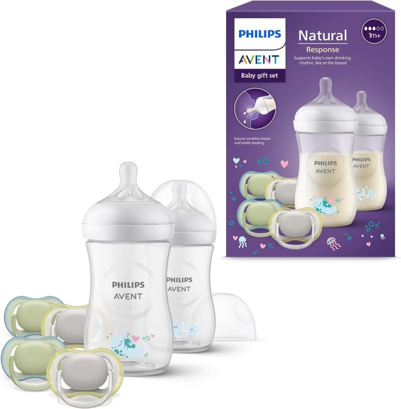 Philips Avent Natural Response Baby Gift Set: 2 Natural Response Baby Bottles 260 ml with T3 (1 m+ Teats), 4 Ultra Air Soothers (Model SCD837/13)