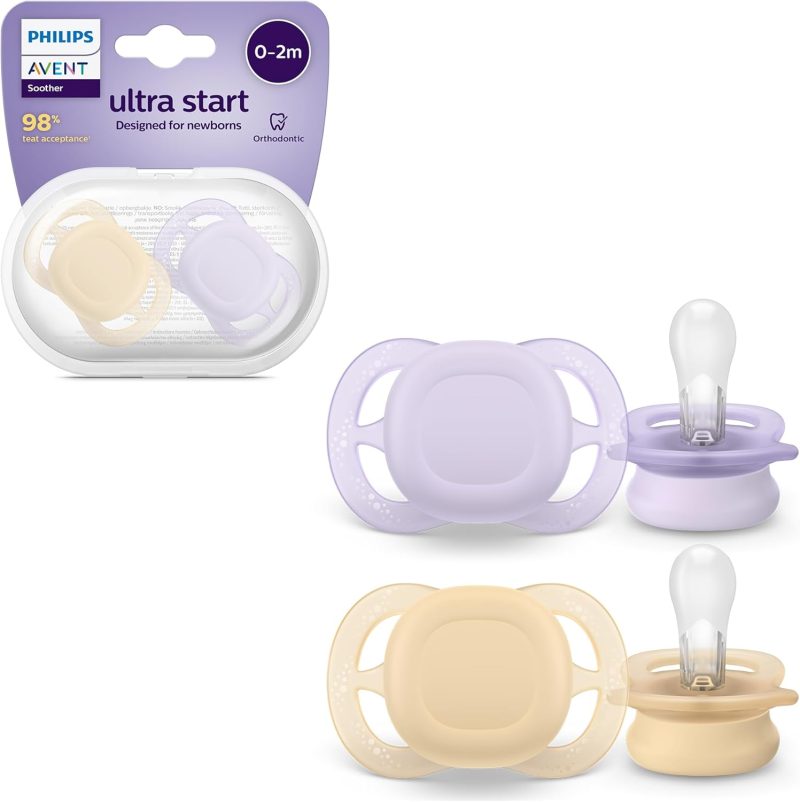 Philips Avent Ultra Start Soothers, Orthodontic Dummies Designed for Newborns, Silicone Symmetrical Teat, BPA Free, with Sterilising/Carrying Case, 2 Pack, Model SCF075/01