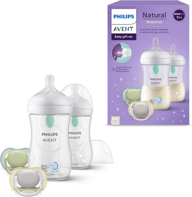 Philips Avent Natural Response Baby Gift Set: 2 Anti-Colic Bottles 260 ml with T3, 1 m+ Teats, 2 Ultra Air Soothers (Model SCD657/12)