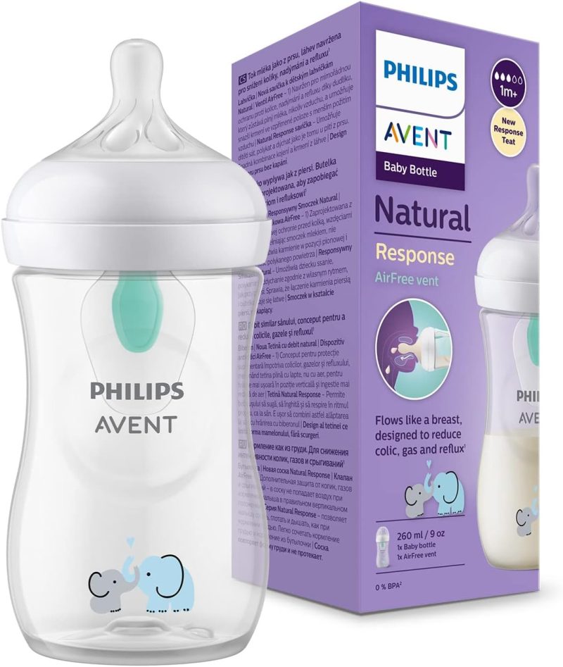 Philips Avent Natural Response Baby Bottle - 260ml Baby Milk Bottle with AirFree Vent, BPA Free for Newborn Babies Aged 1 Months+, Elephant Pattern (Model SCY673/81)