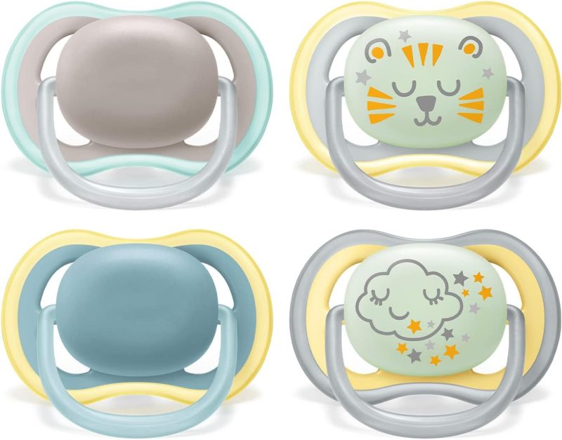 Philips Avent Ultra Air Soother - Pack of 4 Light, Breathable Soothers: 2 Glow in The Dark soothers and 2 Day soothers, 18M+ (Model SCF349/43)