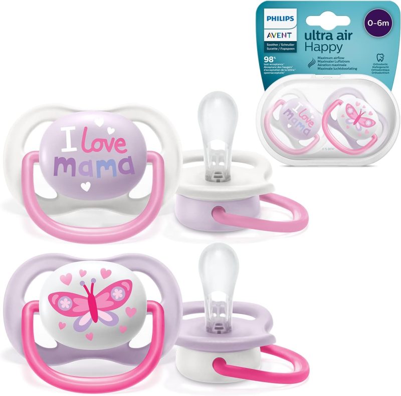 Philips Avent Ultra Air Pacifier, for 0-6m, Orthodontic & BPA-, 2 pcs, Including Sterilizer/Carrying Case, SCF080/02, Pink and Purple