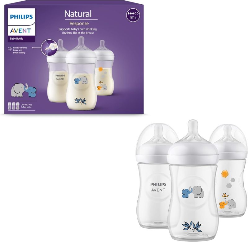 Philips Avent Natural Response Baby Gift Set, 3 Natural Response Baby Bottles 260 ml with T3 (1 m+ Teats), SCY903/63