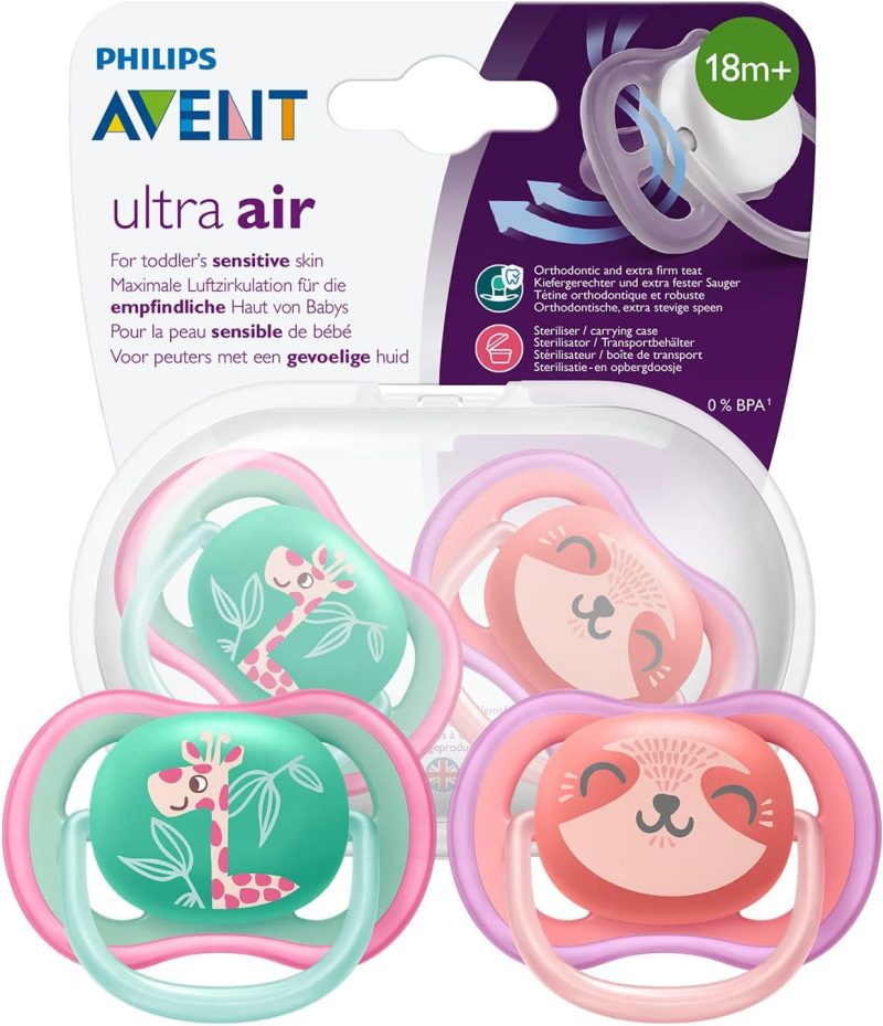 Philips Avent Soothers, 18m+ Ultra Air Baby Soother for Baby's Sensitive Skin with Self Sterilising Travel Case, Giraffe/Panda Design, Pink/Turquoise (Pack of 2) - SCF349/12