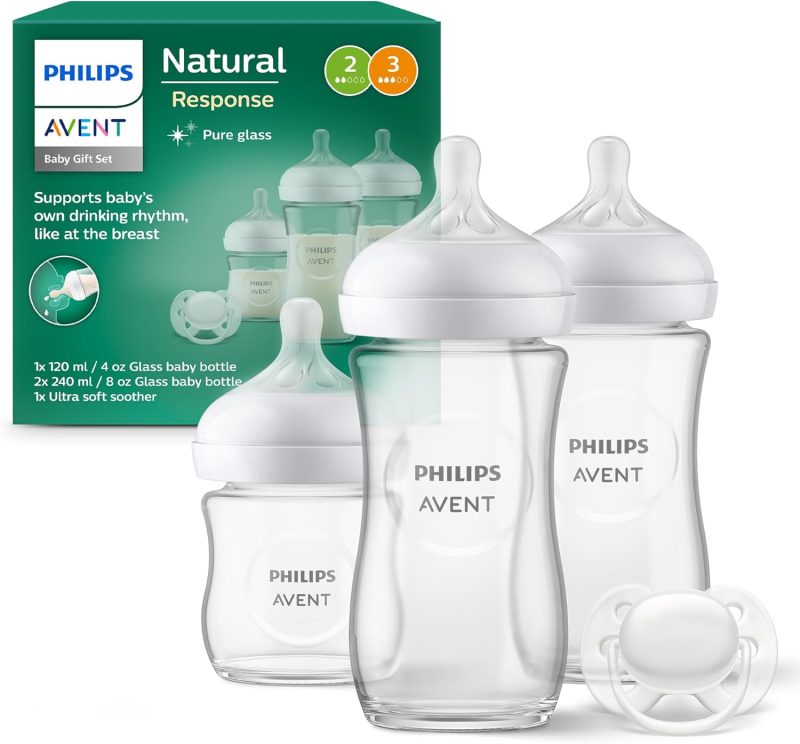 Philips Avent Glass Baby Bottle Newborn Gift Set - 3 Baby Milk Bottles, Ultra-Soft Pacifier for Babies Aged 0-6 Months+ (Model SCD878/11)