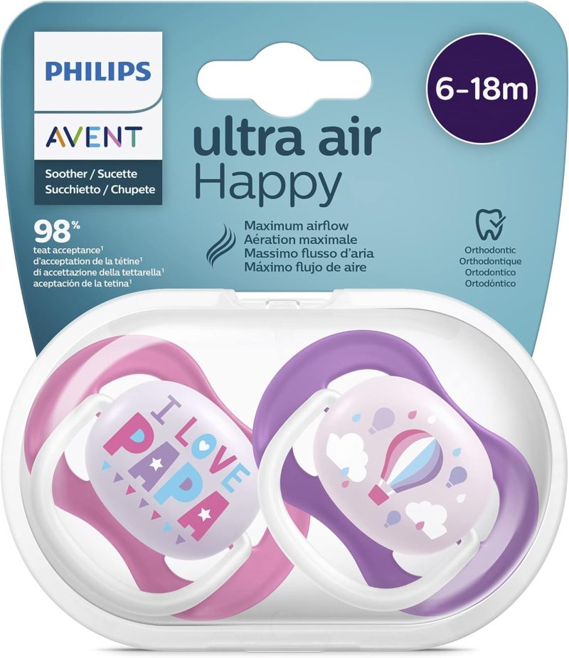 Philips Avent Ultra Air Pacifier, for 6-18m, Orthodontic & BPA-Free, 2 pcs, Including Sterilizer/Carrying Case, SCF080/04 Raspberry Pink and Purple