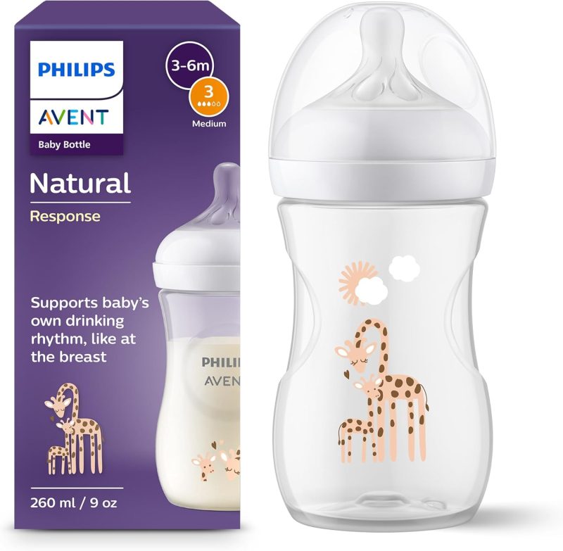 Philips Avent Natural Response Baby Bottle - 260ml Baby Milk Bottle, BPA Free for Babies 1 Month+, Giraffe Pattern (Model SCY903/66)