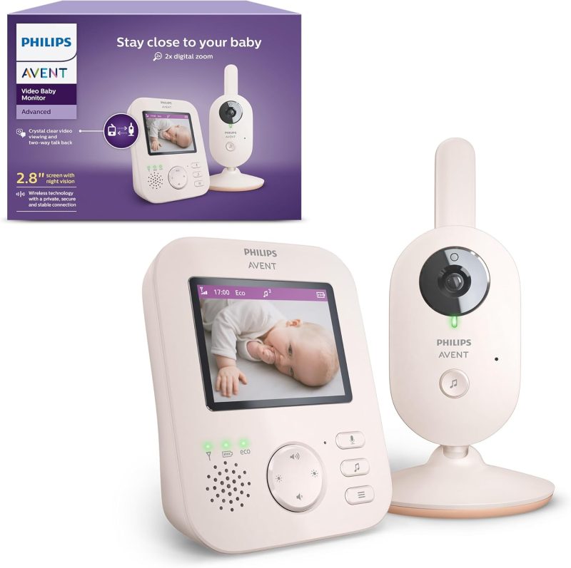 Philips Avent Advanced Video Baby Monitor - Private and Secure Baby Monitor with Camera and Audio in Coral Cream, 2.8" (7.1 cm) Display, x2 Zoom, Night Vision, 2 way Audio, Lullabies (Model SCD881/05)