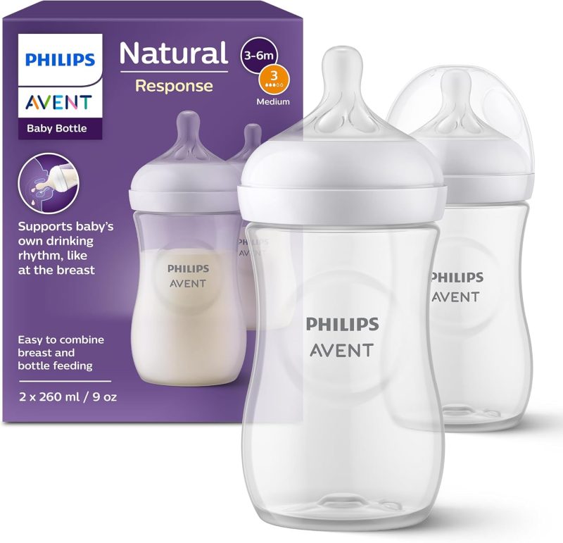 Philips Avent Natural Response Baby Bottle - 2 x 260ml Baby Milk Bottle for Newborns and Up, BPA Free, 1+ Months (Model SCY903/02)