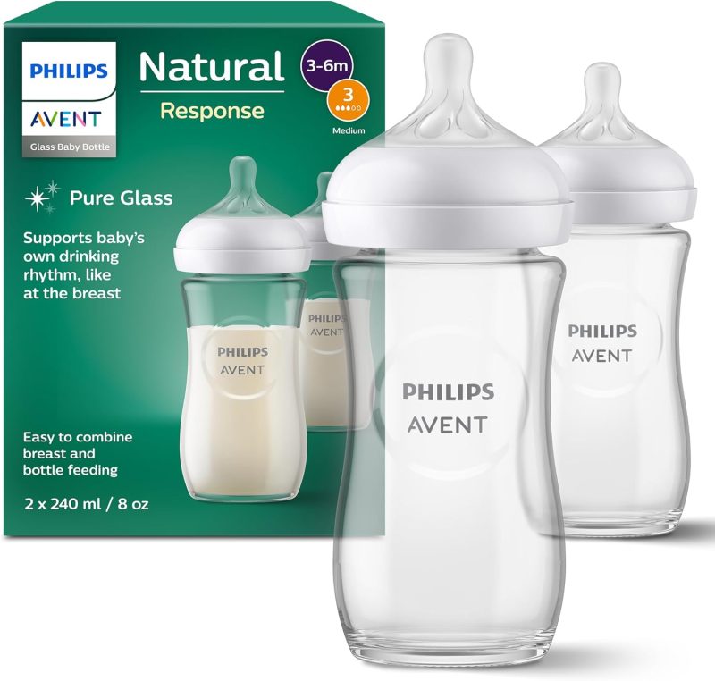 Philips Avent Natural Response Glass Baby Bottle - 2X 240ml Baby Milk Bottle, BPA Free for Newbown Babies 1 Month+ (Model SCY933/02)