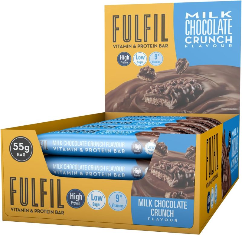 FULFIL Vitamin and Protein Bars (15 x 55 g Bars), Milk Chocolate Crunch Flavour, 20 g High Protein, 9 Vitamins, Low Sugar