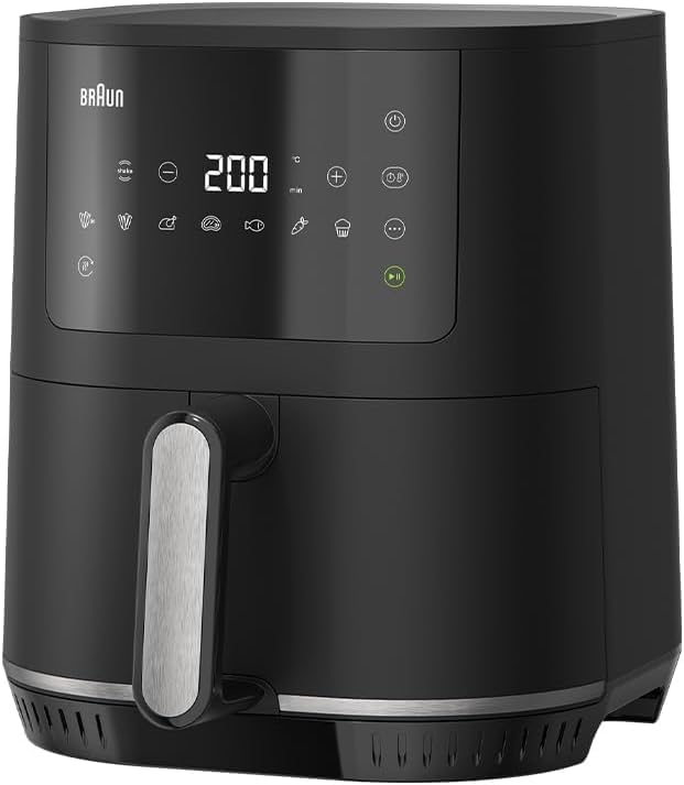 Braun MultiFry 3 HF 3030 Hot Air Fryer, 4.3 L, 1500 W, Digital Temperature Control, 80-200 °C, Timer, 8 Programs, Touch Control, Non-Stick Coating, Cooking Basket & Grate, Dishwasher Safe, Black