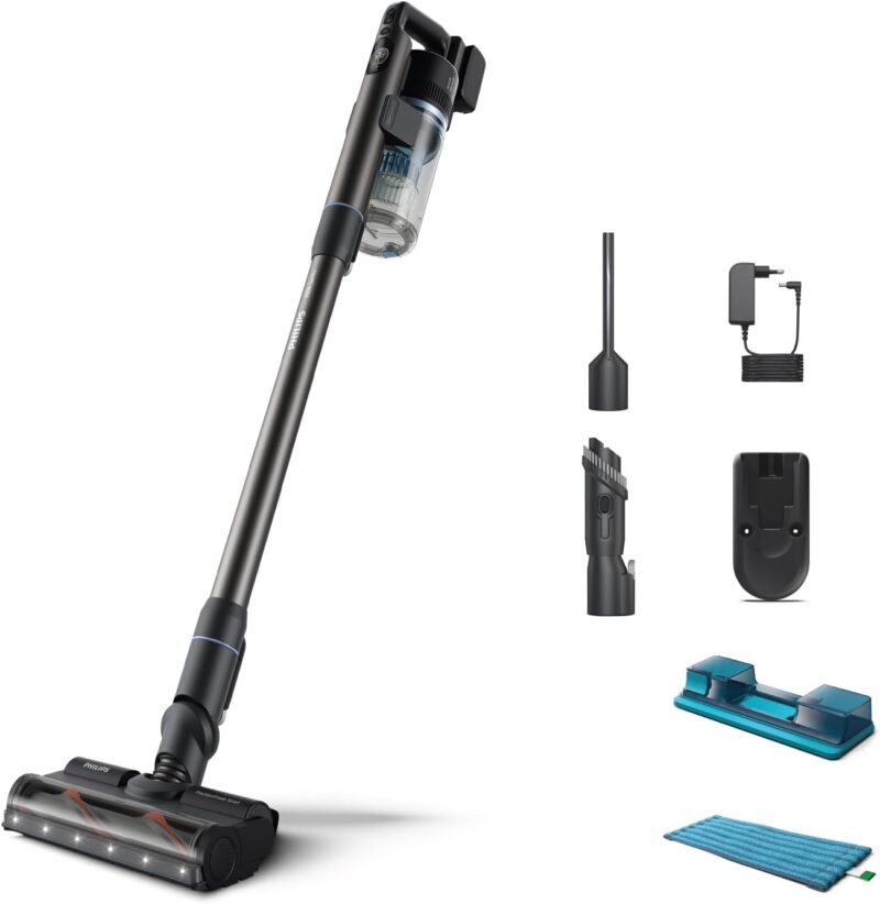 Philips Wireless Cordless Vacuum Cleaner Aqua 7000 Series, Digital Motor, PowerCyclone 12, with LED Lights, Clip-on Aqua Module, Up to 80 Minutes Runtime, with 2 Accessories, Blue (XC7053/01)