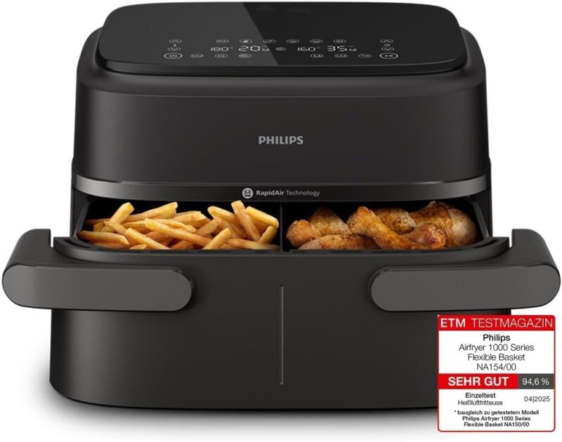Philips Airfryer 1000 Series Flexible Basket - 7.1 L Capacity, RapidAir Technology, 10 Cooking Functions, 90% Less Fat, Compact Design, HomeID Recipe App (NA154/00), Black