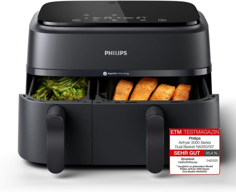 Philips Airfryer Dual Basket 3000 Series, 9L, 2 Baskets, 2 Dishes Ready at the Same Time, RapidAir Plus Hot Air Technology, 90% Less Fat, Energy Efficient, HomeID Recipe App (NA350/00)