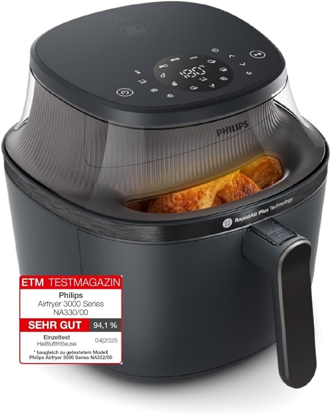 Philips Airfryer 3000 Series 6.2L, Viewing Window, 16 Cooking Methods, RapidAir Plus Technology, Fat Removal, HomeID Recipe App, Effortless Cleaning (NA330/00)