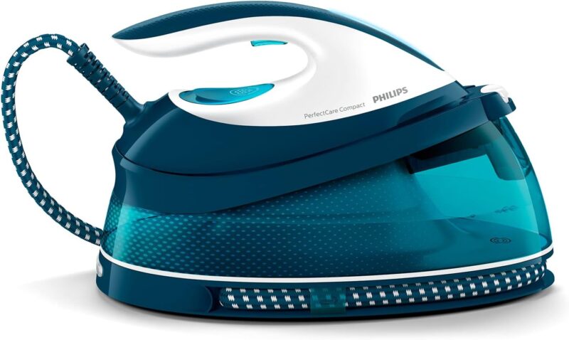 Philips Domestic Appliances Perfect Care Compact Steam Iron, OptimalTemp Technology, 120 g/min Continuous Steam, 2400 W, 6.5 Bar Pressure, 1.5 Litre Water Tank, SteamGlide Soleplate, Blue (GC7844/20)