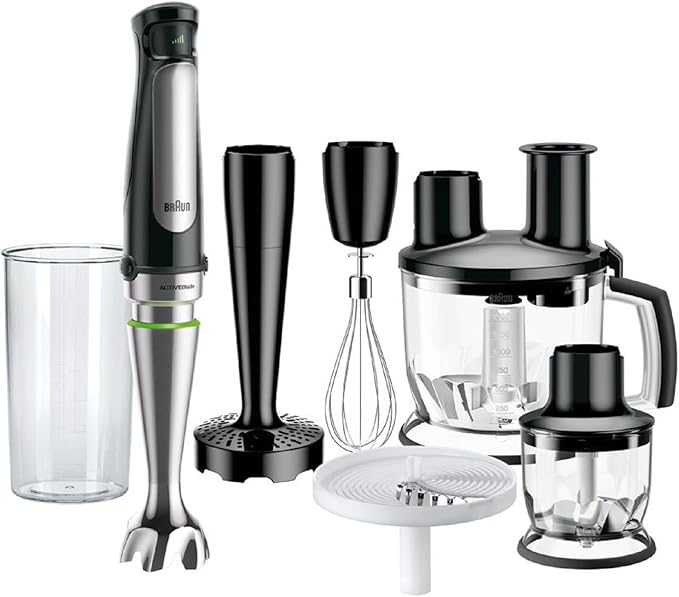 Braun MultiQuick 7 MQ 7087X hand blender - puree rod with removable stainless steel mixing base with ActiveBlade technology for pureeing the toughest ingredients, incl. 5-piece accessory set, 1000 watts, black.