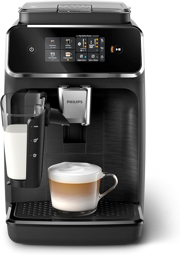 Philips 2300 Series Fully Automatic Coffee Machine - 4 Drinks, Modern Colour Touchscreen Display, LatteGo Milk System, SilentBrew, 100% Ceramic Grinder, AquaClean Filter, Matte Black (EP2330/10)