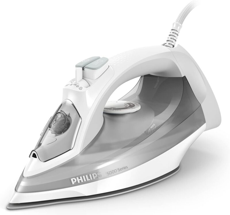 Philips Series 5000 Steam Iron – 2400 W, Constant Steam Output 40 g/min, Steam Boost 160 g, Vertical Steam, SteamGlide Plus Soleplate, White/Grey (DST5010/10)