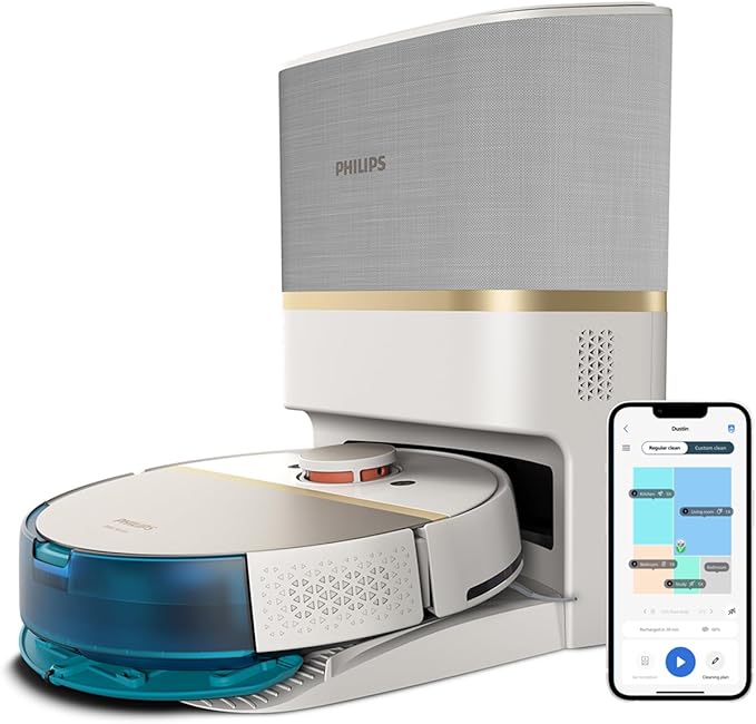 Philips Homerun Series 7000 Vacuum Mop Robot with Suction Station, 5000 Pa, 360° LiDAR Navigation, Detection of Small Obstacles, 180 min Running Time, 185 m², App, for Carpets and Pet Hair, White