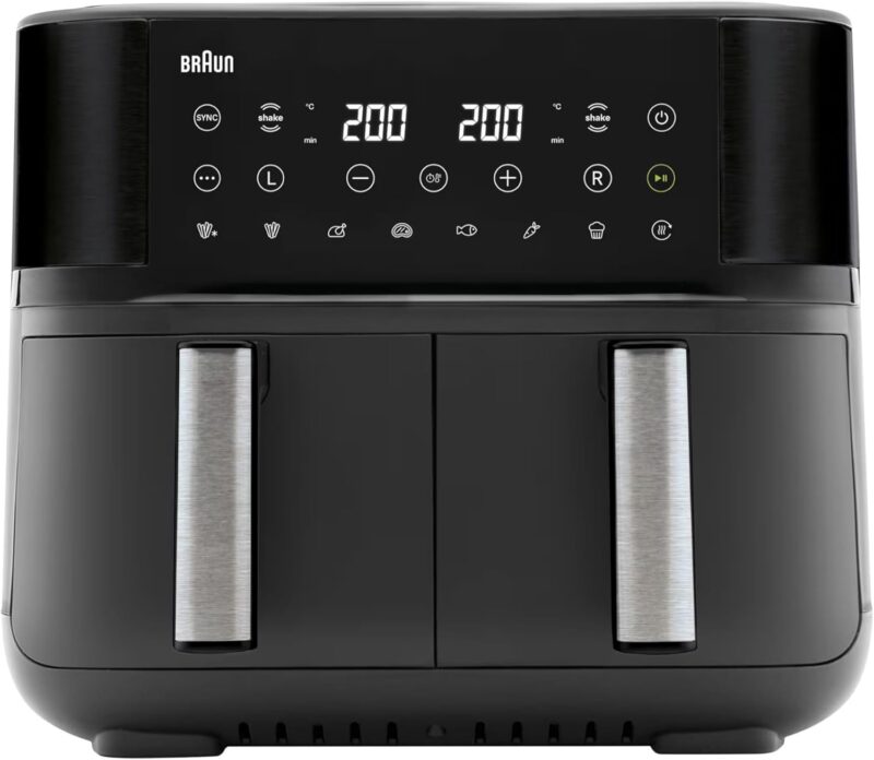 Braun TwinCook 3 TD3030IBK Hot Air Fryer 2 Chambers 8L (4L + 4L) 80-200° Air Fryer with Sync Function 8 Programs Easy Cleaning 2850W Black