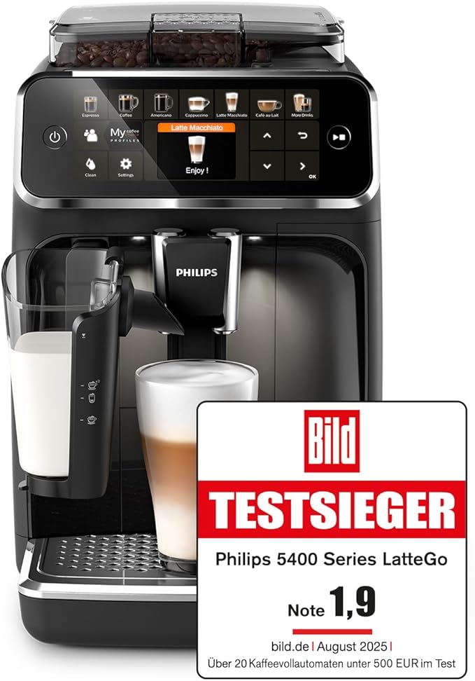 Philips Series 5400 Fully Automatic Coffee Machine - LatteGo Milk System, 12 Coffee Specialties, Intuitive Display, 4 User Profiles, Black (EP5441/50)