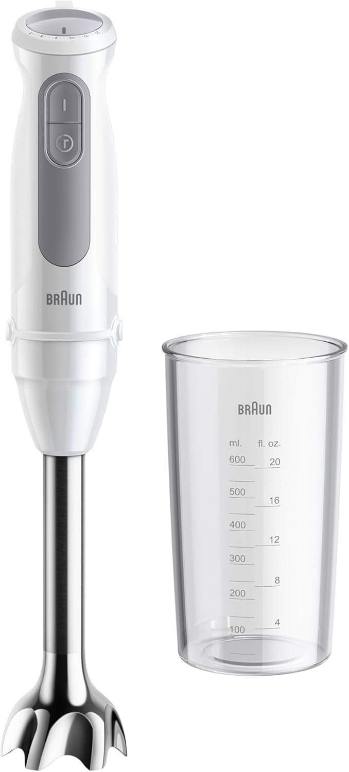 Braun MultiQuick 5 MQ 50001 M Hand Blender, 1000 W, 21 Speed ​​Levels + Turbo, Stainless Steel Puree Base, Easy Click System, Splash Control, Includes 600 ml Beaker, White