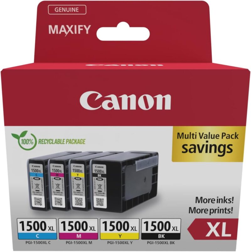 Canon PGI-1500XL High Yield Genuine Ink Cartridges, Pack of 4 (Black, Cyan, Magenta, Yellow)