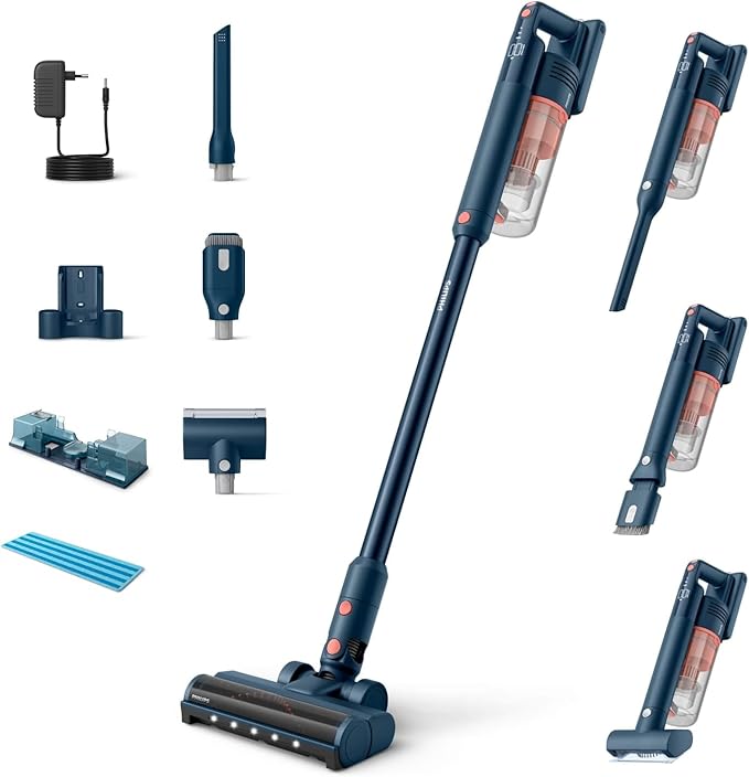 Philips 5000 Series Cordless Pet Vacuum Cleaner, Powerful Suction on Hard Floors and Carpets, Nozzle with LED Light, Pet Nozzle, Aqua Module, Replaceable Battery (XC5142/01)