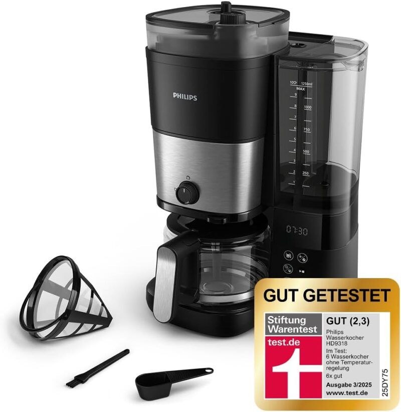 Philips All-in-1 Filter Coffee Machine, Integrated Cone Grinder for Freshly Ground Coffee, Duo Bean Container, 1.25 L Glass Jug, Individual Intensity Adjustment (HD7900/50)