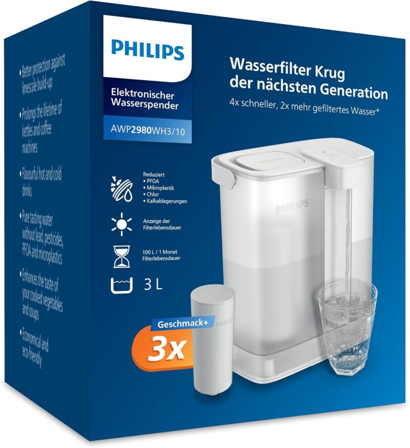 Philips Water Instant Water Filter + 3 Replacement Filter Cartridges 3L Capacity 1L/min Fast Flow USB-C Rechargeable